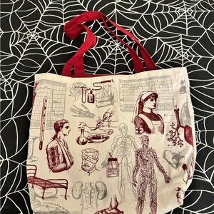 Anatomical Print Tote Bag with Red Handles